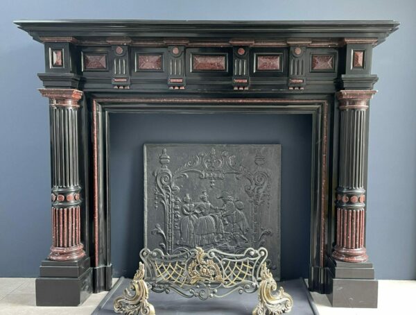 Incredible detailed Black and Rouge Marble Antique Fireplace surround